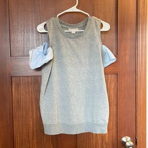 Motherhood Maternity Peep Shoulder Grey shirt w/ ruffled striped short sleeves